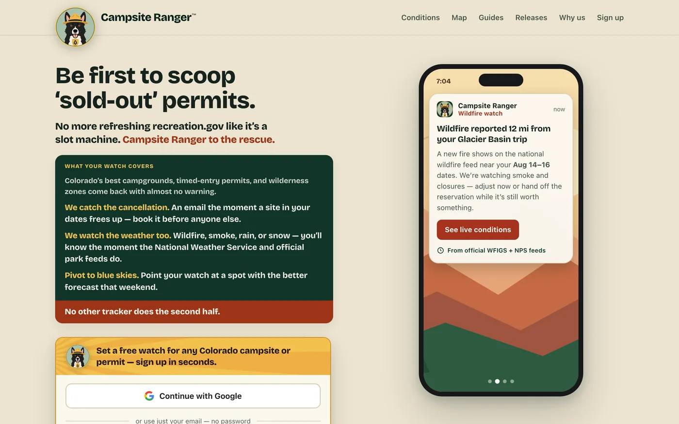 Campsite Ranger homepage: cancellation alerts for sold-out Colorado campsites and permits